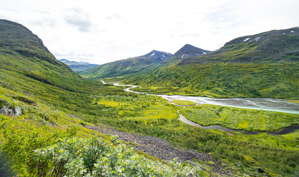 A beautiful Rapa river Rapadalen landscape with native plants. A mountain river from above in Sarek National Park, Sweden. Summer sceney of Northern Europe.