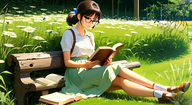 A girl sitting on bench reading a book, anime illustration style. Seamless looping time-lapse 4k video animation background