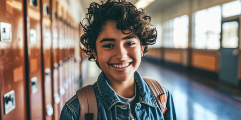 Portrait of an international student excited child in school hallway with lockers. Youth subculture gen generation z young self-expression confidence concept. Copy paste - obrazy, fototapety, plakaty