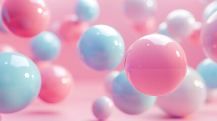 3D rendering of glossy pastel spheres floating in the air. The background is pink and blue,...