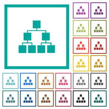 Organizational chart down solid flat color icons with quadrant frames