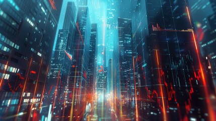 A futuristic cityscape with holographic stock market charts soaring between skyscrapers capturing the essence of financial growth in a digital age
