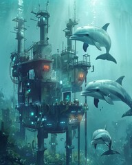 Image of A team of dolphins operating a high tech underwater research lab printed on Printed Aluminium Shower Panels