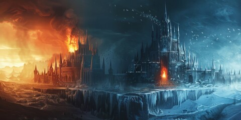 A castle made of ice and fire with one half frozen and the other ablaze standing on a border between two realms