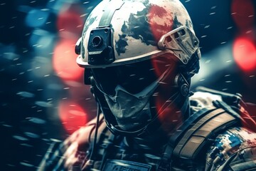 Close-up of a soldier in combat gear with a helmet during a rain shower, showcasing determination and bravery. - obrazy, fototapety, plakaty