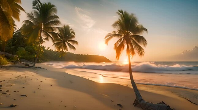beautiful beach view, on a tropical island, decorated with coconut trees, morning, sunrise, wide angle, cinematic, slow pan