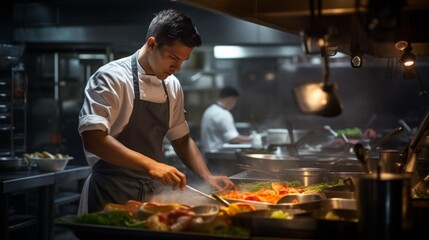 Closeup of concentrated male chef garnishing food in the kitchen
