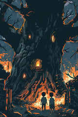 A cartoonish design aimed at 12-year-olds features a large tree with a sinister opening within it. Two adolescents are depicted approaching the tree under the cover of night, surrounded by flames.