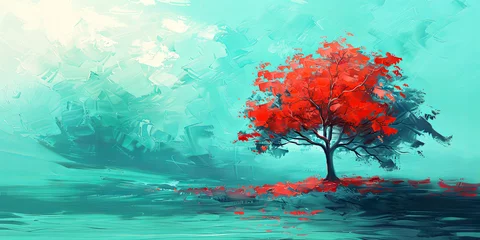 Gordijnen Abstract summer landscape. Red tree painting. Banner, copy space © bit24