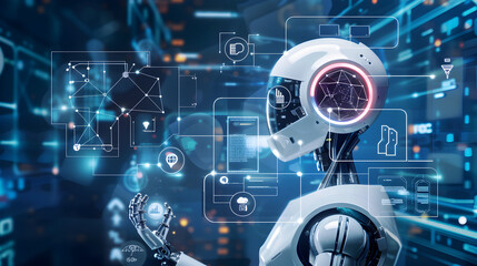 Medicine robot doctor with stethoscope in hand and icon medical network connection on virtual screen interface.