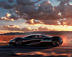 A sleek sports car speeds past, its glossy surface reflecting a futuristic vibe against a desert...