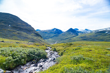 A small, rocky mountain stream in Sarek National Park, Sweden. A beautiful summer landscape with water flow in Northern Europe wilderness.