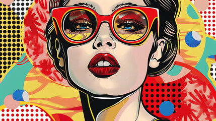 Blonde woman in a pop art style. Close-up of a retro comic woman's face against a red backdrop....