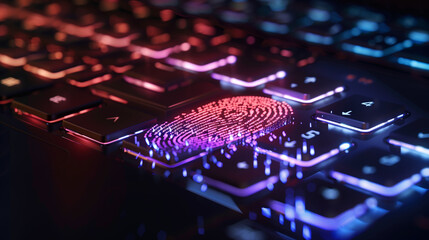 fingerprint scanner in keyboard biometric verification modern cybersecurity technology concept, digital data protection  - obrazy, fototapety, plakaty