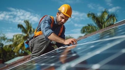 Fototapeten A male worker is seen fitting solar photovoltaic panels onto a roof, equipped with safety gear, highlighting the concept of alternative energy. This scene illustrates the application of Generative AI  © TechPeak Crafts