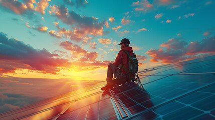 A male worker is seen fitting solar photovoltaic panels onto a roof, equipped with safety gear, highlighting the concept of alternative energy. This scene illustrates the application of Generative AI  - obrazy, fototapety, plakaty