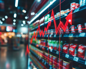 A supermarket aisle is overlaid with a dynamic economic graph, symbolizing the fluctuating trends in consumer goods and retail market performance