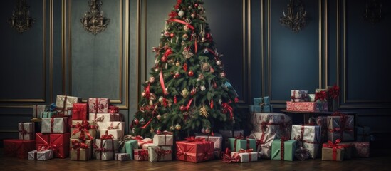 A festive Christmas tree adorned with holiday ornaments stands gracefully in a room surrounded by beautifully wrapped gifts