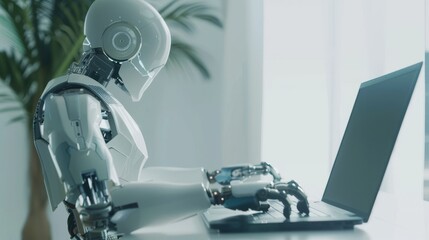 The AI robot sits at a desk, typing on a laptop. The robot appears to work in the manner of an office employee. Interaction between humans and artificial intelligence technologies.
