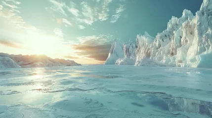 Rolgordijnen polar icebergs melt dry frozen lake Show the effects of climate change. © venusvi