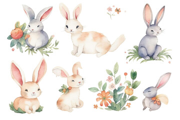 animals Watercolor rabbits set Summer Easter cute Baby illustration bunnies - obrazy, fototapety, plakaty