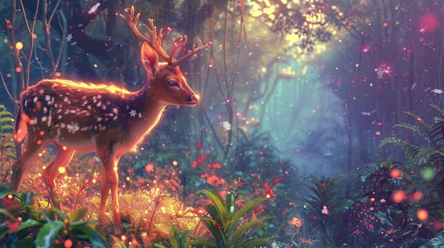 Enchanting deer frolicking in the mystical fantasy forest with innocent charm and wonder Seamless looping 4k time-lapse virtual video animation background. Generated AI