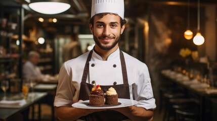 Closeup of a concentrated male pastry chef hold decorating dessert in the kitchen
