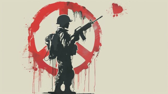 a soldier with a weapon, he is painting with a spray the symbol of peace, red colour
