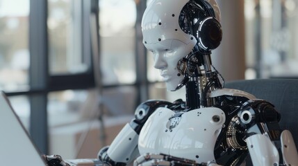Fototapeta premium The AI robot sits at a desk, typing on a laptop. The robot appears to work in the manner of an office employee. Interaction between humans and artificial intelligence technologies.