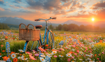 Bicycle with a wicker basket in a Beautiful spring landscape with colorful wildflowers in a green meadow, Generative AI  - obrazy, fototapety, plakaty