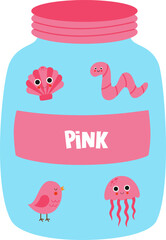 Learning basic colors with colorful jars. Worksheet for kids. Pink color.
