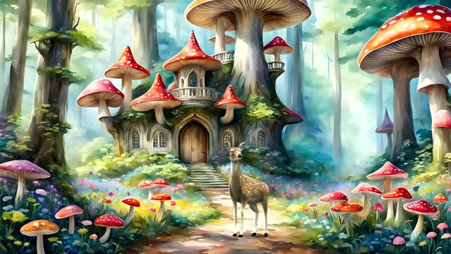 Mushroom palace in the fantasy forest in watercolor style. Seamless looping time-lapse 4k video animation background