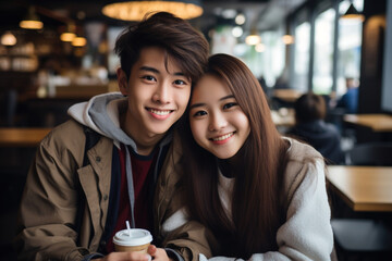 Smiling Asian Chinese Korean Japanese teenage school couple romantic mutual love on date in cafe restaurant. First love relationship sensuality tenderness