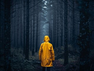 A faceless person wearing a bright yellow raincoat walking through a dark forest - obrazy, fototapety, plakaty