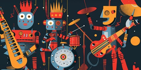 A playful illustration of robot musicians playing avant-garde instruments