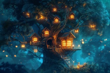 A dreamlike illustration of a magical forest with glowing mushroom houses