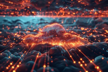 Cyber cloud infrastructure glowing against a backdrop of virtual data streams