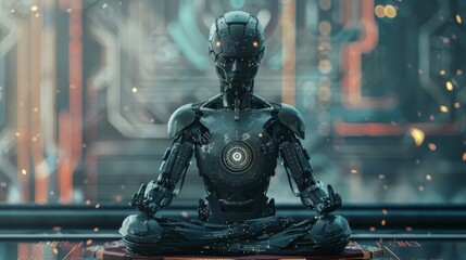 Cyborg monk in lotus pose embodying the harmony of tradition and future for a conceptual technology piece