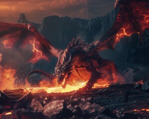Fototapeta premium A dramatic scene of a mighty dragon emerging from a volcanic caldera