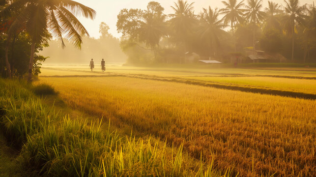 Scenic paddy fields in typical Indian countryside during early morning light, Generative AI image