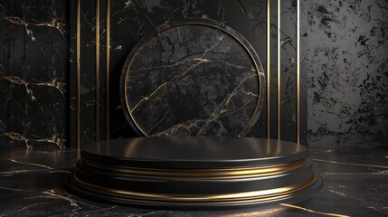 A sophisticated, minimalist round podium in black and gold, designed for elegant product displays.