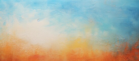 A serene natural landscape painting portraying a sunset with a calm sky filled with electric blue tones and vibrant orange cumulus clouds, creating a stunning horizon pattern