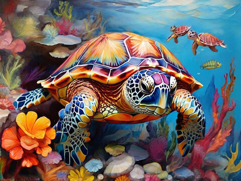 Colorful Painted Sea Turtle