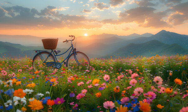 Bicycle with a wicker basket in a Beautiful spring landscape with colorful wildflowers in a green meadow, Generative AI 