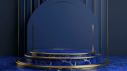 minimalist luxurious  dark blue and gold round podium for product display - obrazy, fototapety, plakaty