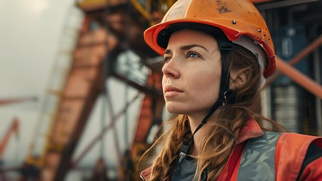 Caucasian young woman wearing a construction hat and PPE working on an oil rig in the Gulf of Mexico