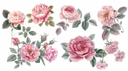 Modern set of pink roses and peonies with green leaves. Romantic garden flowers.