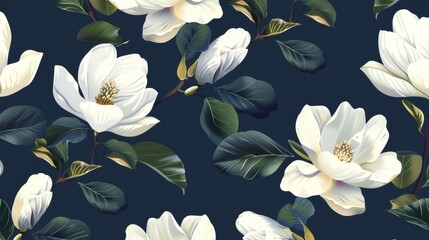 White flowers on a navy blue background for this seamless pattern of magnolia flowers.
