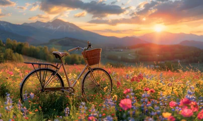 Tuinposter Bicycle with a wicker basket in a Beautiful spring landscape with colorful wildflowers in a green meadow, Generative AI  © simba kim