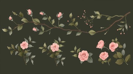Set of floral branches with pink roses and green leaves. Concept for wedding invitations and greeting cards.